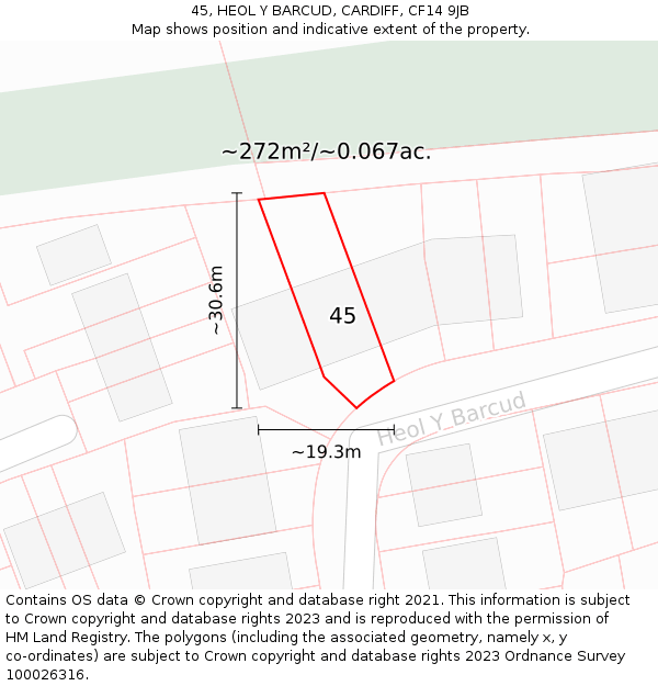 45, HEOL Y BARCUD, CARDIFF, CF14 9JB: Plot and title map