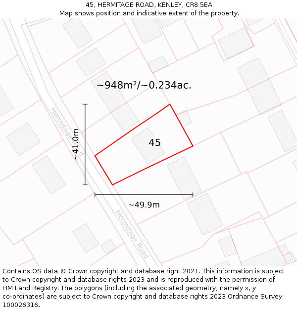 45, HERMITAGE ROAD, KENLEY, CR8 5EA: Plot and title map