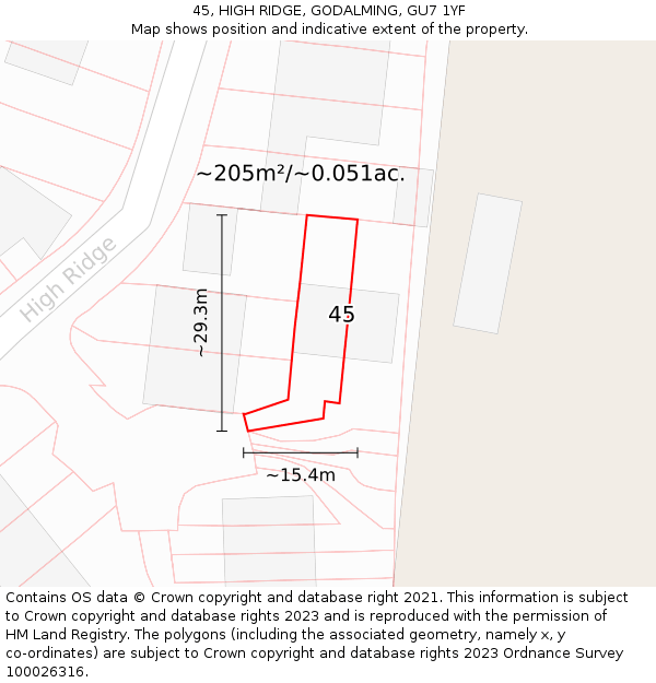 45, HIGH RIDGE, GODALMING, GU7 1YF: Plot and title map