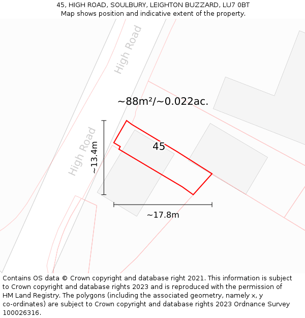 45, HIGH ROAD, SOULBURY, LEIGHTON BUZZARD, LU7 0BT: Plot and title map