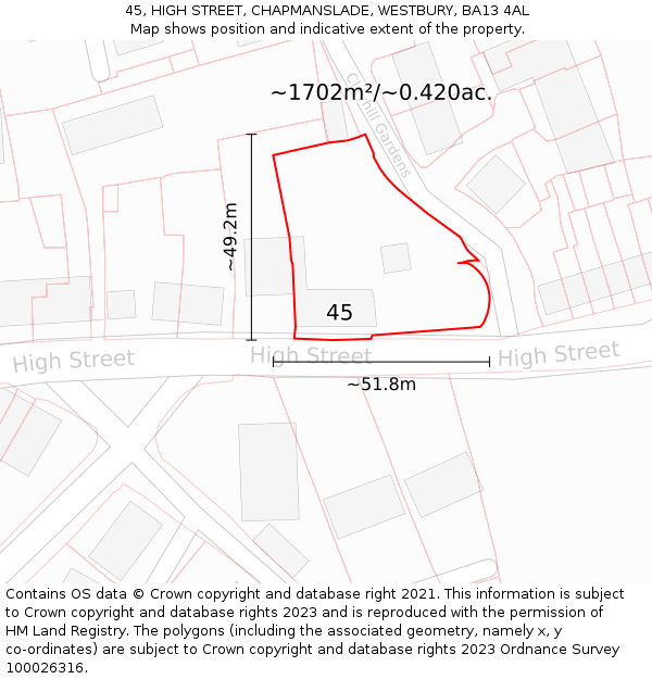 45, HIGH STREET, CHAPMANSLADE, WESTBURY, BA13 4AL: Plot and title map