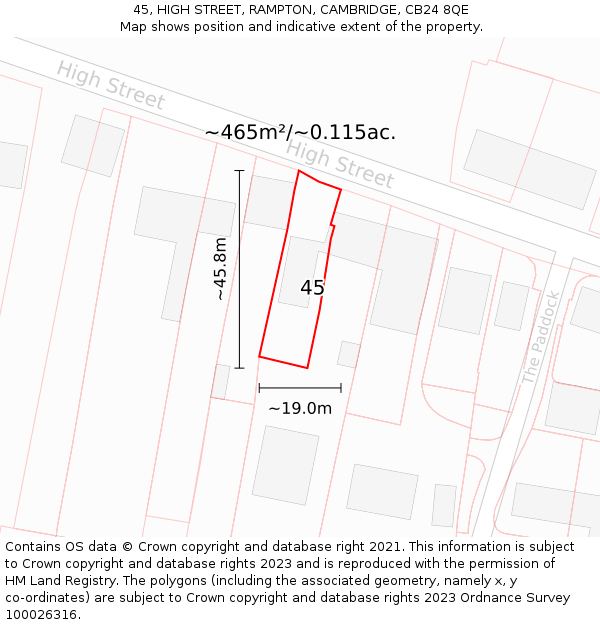 45, HIGH STREET, RAMPTON, CAMBRIDGE, CB24 8QE: Plot and title map