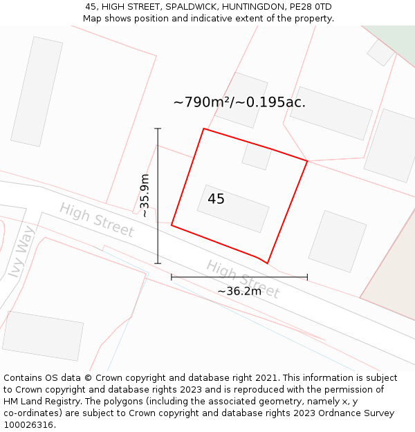 45, HIGH STREET, SPALDWICK, HUNTINGDON, PE28 0TD: Plot and title map
