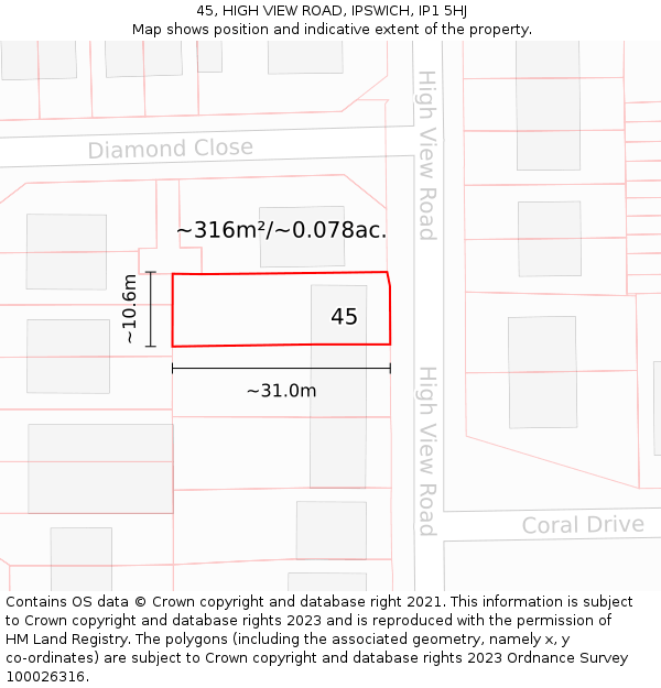45, HIGH VIEW ROAD, IPSWICH, IP1 5HJ: Plot and title map
