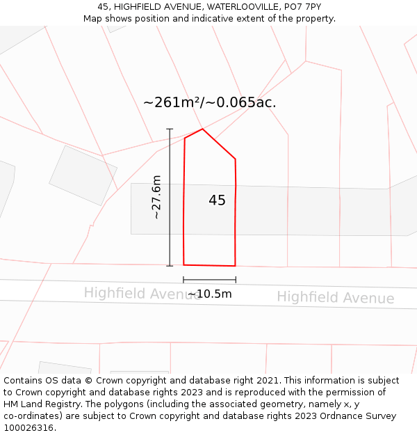 45, HIGHFIELD AVENUE, WATERLOOVILLE, PO7 7PY: Plot and title map