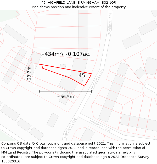 45, HIGHFIELD LANE, BIRMINGHAM, B32 1QR: Plot and title map