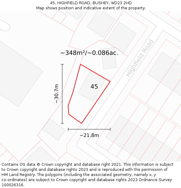 45, HIGHFIELD ROAD, BUSHEY, WD23 2HD: Plot and title map