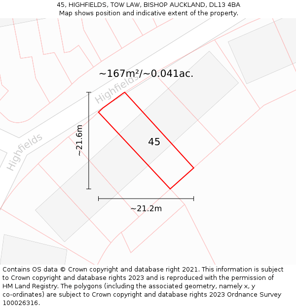 45, HIGHFIELDS, TOW LAW, BISHOP AUCKLAND, DL13 4BA: Plot and title map