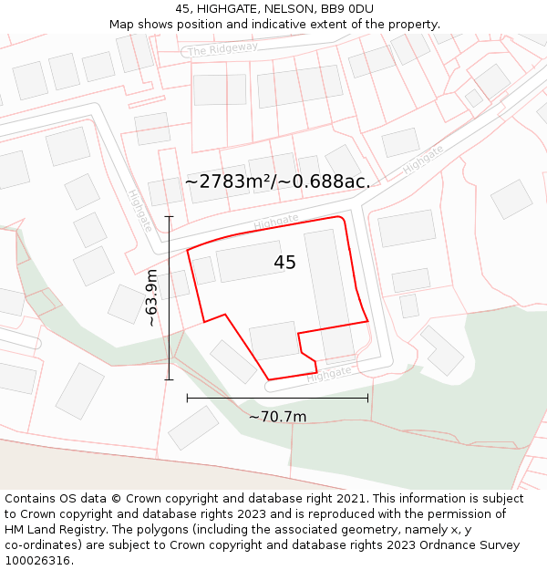 45, HIGHGATE, NELSON, BB9 0DU: Plot and title map