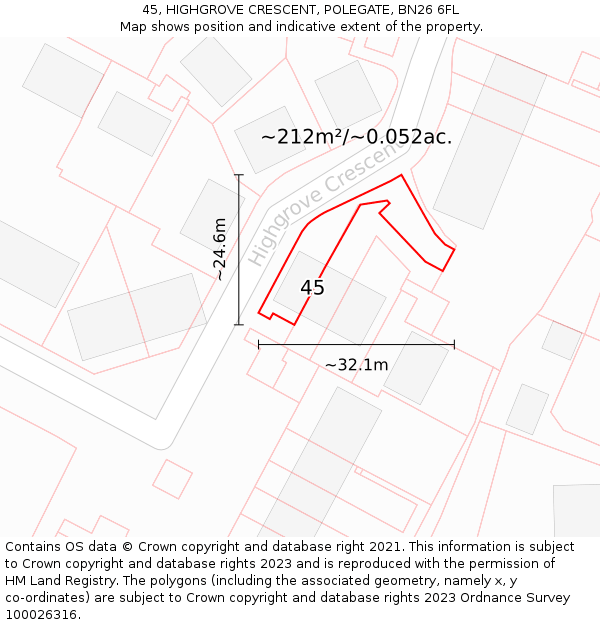 45, HIGHGROVE CRESCENT, POLEGATE, BN26 6FL: Plot and title map