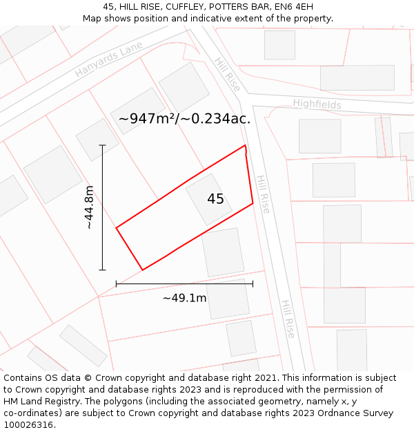 45, HILL RISE, CUFFLEY, POTTERS BAR, EN6 4EH: Plot and title map
