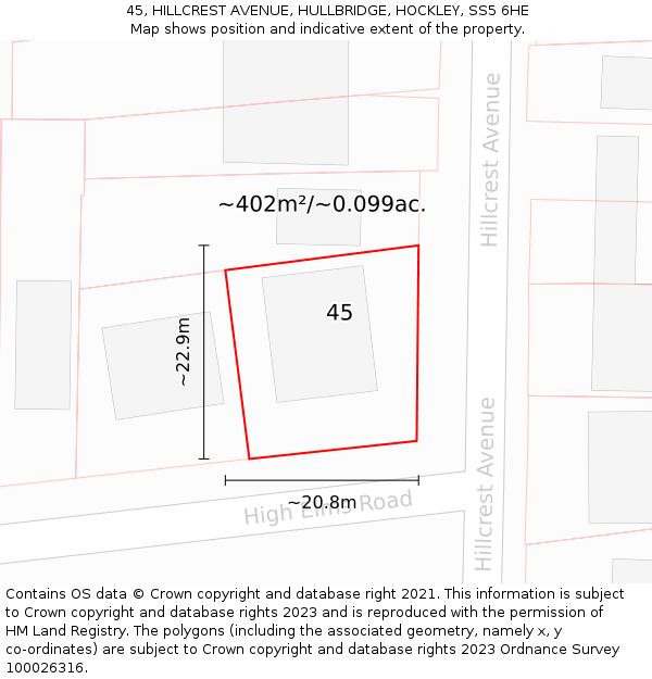 45, HILLCREST AVENUE, HULLBRIDGE, HOCKLEY, SS5 6HE: Plot and title map