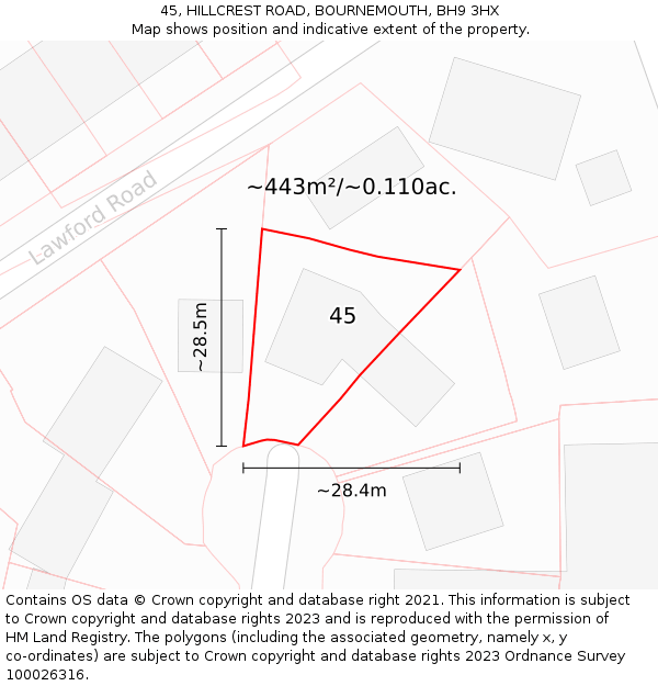 45, HILLCREST ROAD, BOURNEMOUTH, BH9 3HX: Plot and title map