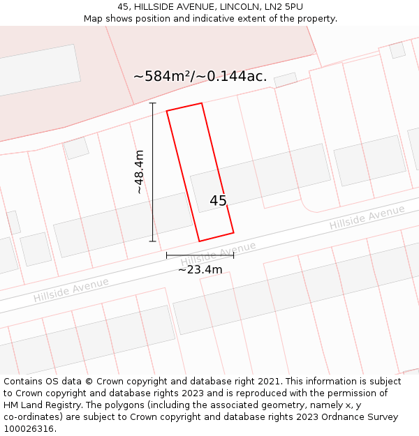 45, HILLSIDE AVENUE, LINCOLN, LN2 5PU: Plot and title map