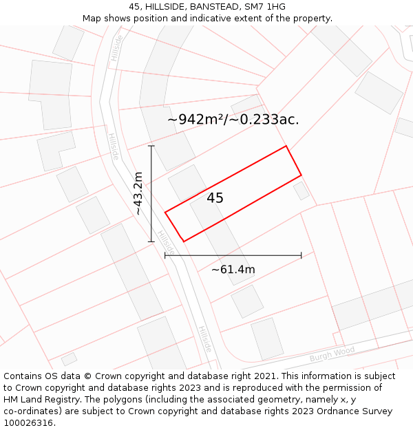 45, HILLSIDE, BANSTEAD, SM7 1HG: Plot and title map