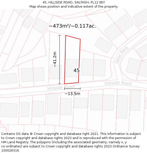 45, HILLSIDE ROAD, SALTASH, PL12 6EY: Plot and title map