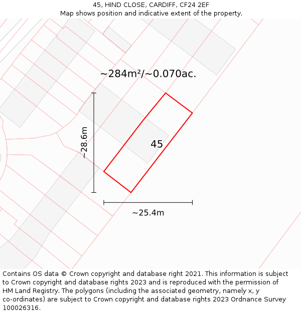 45, HIND CLOSE, CARDIFF, CF24 2EF: Plot and title map