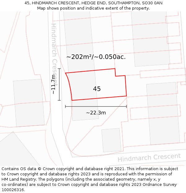 45, HINDMARCH CRESCENT, HEDGE END, SOUTHAMPTON, SO30 0AN: Plot and title map