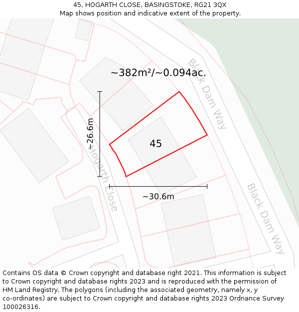 45, HOGARTH CLOSE, BASINGSTOKE, RG21 3QX: Plot and title map