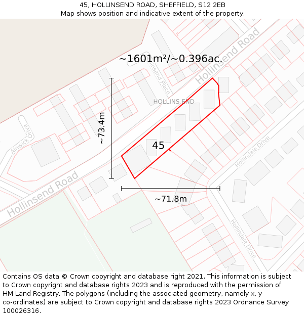 45, HOLLINSEND ROAD, SHEFFIELD, S12 2EB: Plot and title map