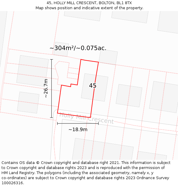 45, HOLLY MILL CRESCENT, BOLTON, BL1 8TX: Plot and title map