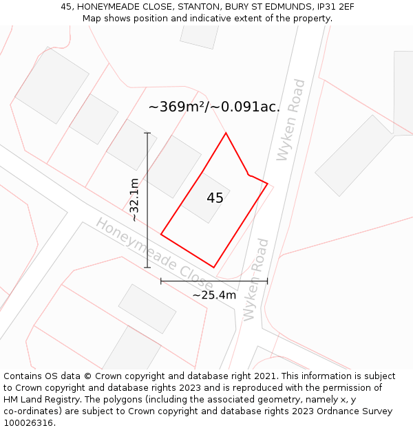 45, HONEYMEADE CLOSE, STANTON, BURY ST EDMUNDS, IP31 2EF: Plot and title map