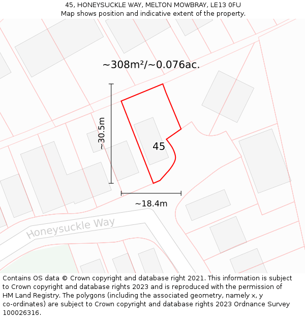 45, HONEYSUCKLE WAY, MELTON MOWBRAY, LE13 0FU: Plot and title map