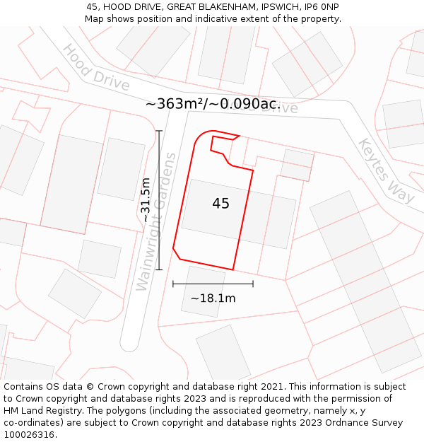 45, HOOD DRIVE, GREAT BLAKENHAM, IPSWICH, IP6 0NP: Plot and title map