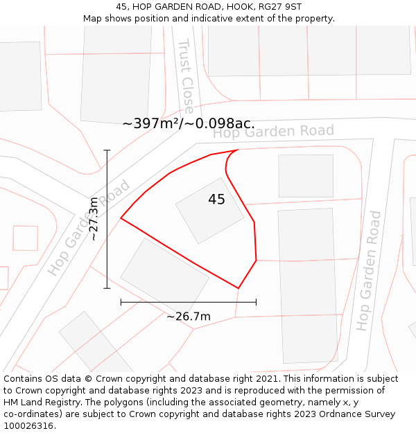 45, HOP GARDEN ROAD, HOOK, RG27 9ST: Plot and title map
