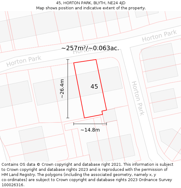 45, HORTON PARK, BLYTH, NE24 4JD: Plot and title map