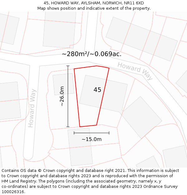 45, HOWARD WAY, AYLSHAM, NORWICH, NR11 6XD: Plot and title map