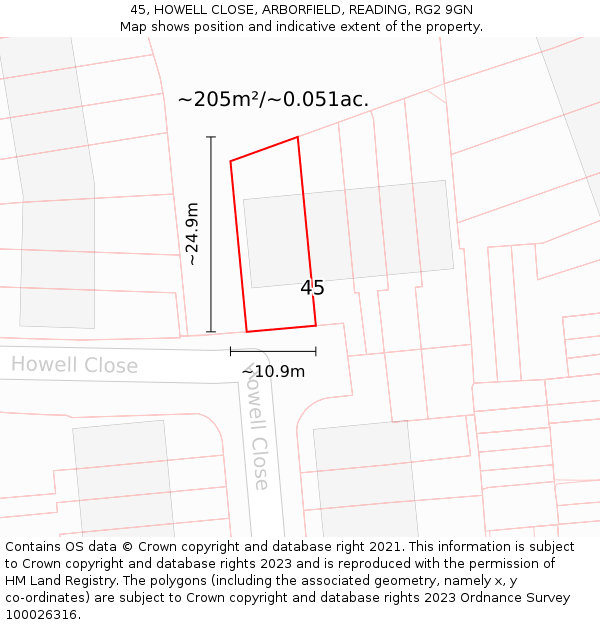 45, HOWELL CLOSE, ARBORFIELD, READING, RG2 9GN: Plot and title map