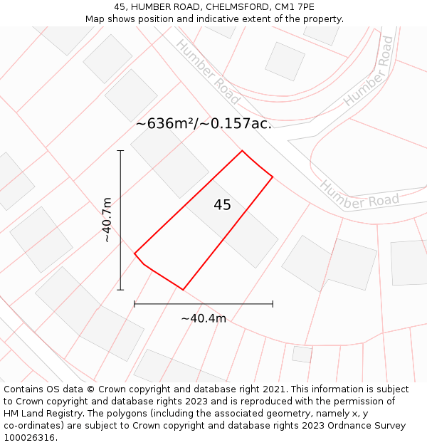 45, HUMBER ROAD, CHELMSFORD, CM1 7PE: Plot and title map