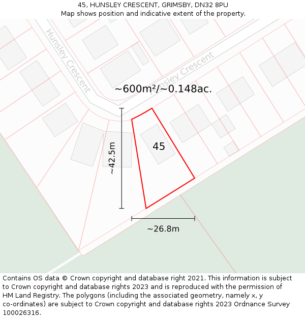 45, HUNSLEY CRESCENT, GRIMSBY, DN32 8PU: Plot and title map