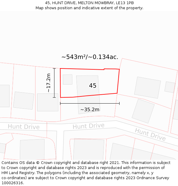 45, HUNT DRIVE, MELTON MOWBRAY, LE13 1PB: Plot and title map
