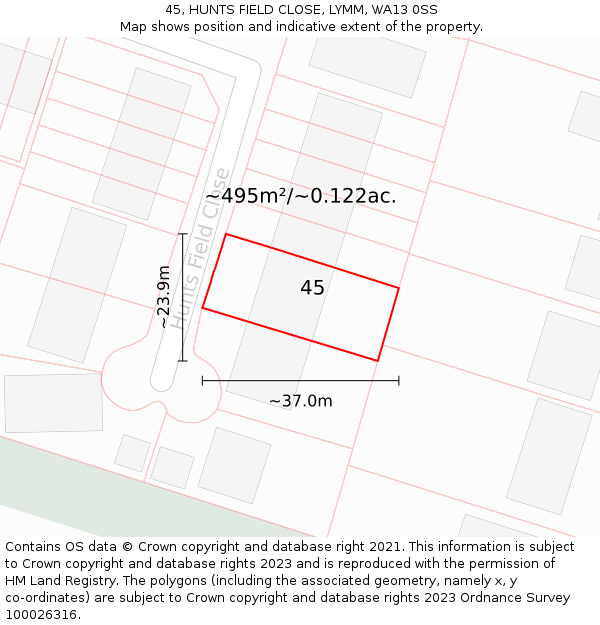 45, HUNTS FIELD CLOSE, LYMM, WA13 0SS: Plot and title map