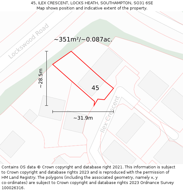 45, ILEX CRESCENT, LOCKS HEATH, SOUTHAMPTON, SO31 6SE: Plot and title map
