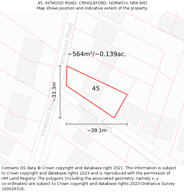45, INTWOOD ROAD, CRINGLEFORD, NORWICH, NR4 6XD: Plot and title map
