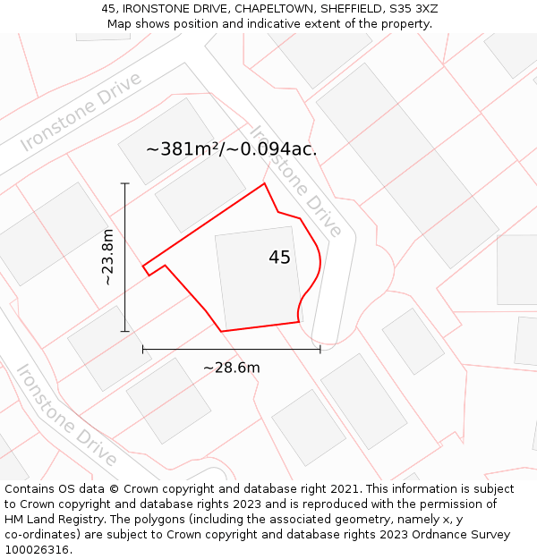 45, IRONSTONE DRIVE, CHAPELTOWN, SHEFFIELD, S35 3XZ: Plot and title map