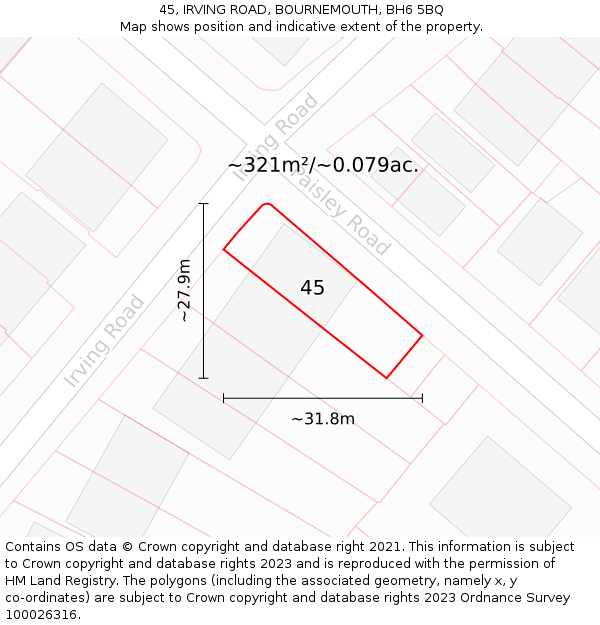 45, IRVING ROAD, BOURNEMOUTH, BH6 5BQ: Plot and title map
