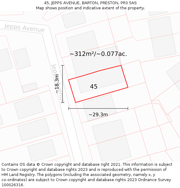 45, JEPPS AVENUE, BARTON, PRESTON, PR3 5AS: Plot and title map