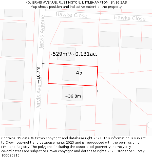 45, JERVIS AVENUE, RUSTINGTON, LITTLEHAMPTON, BN16 2AS: Plot and title map