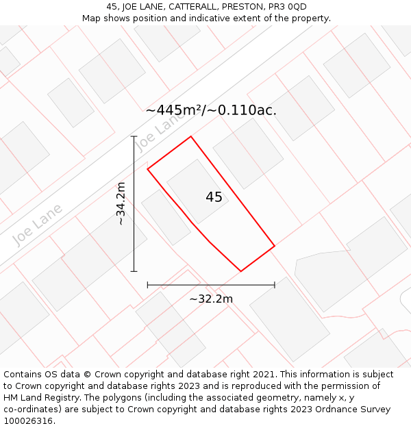 45, JOE LANE, CATTERALL, PRESTON, PR3 0QD: Plot and title map