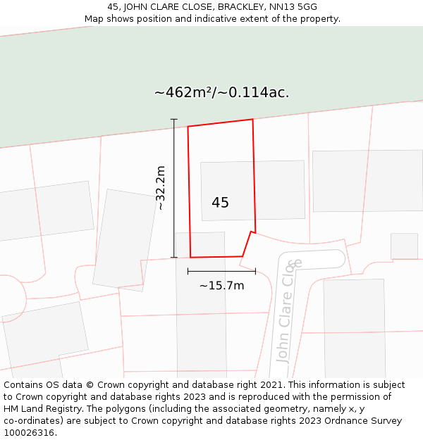 45, JOHN CLARE CLOSE, BRACKLEY, NN13 5GG: Plot and title map