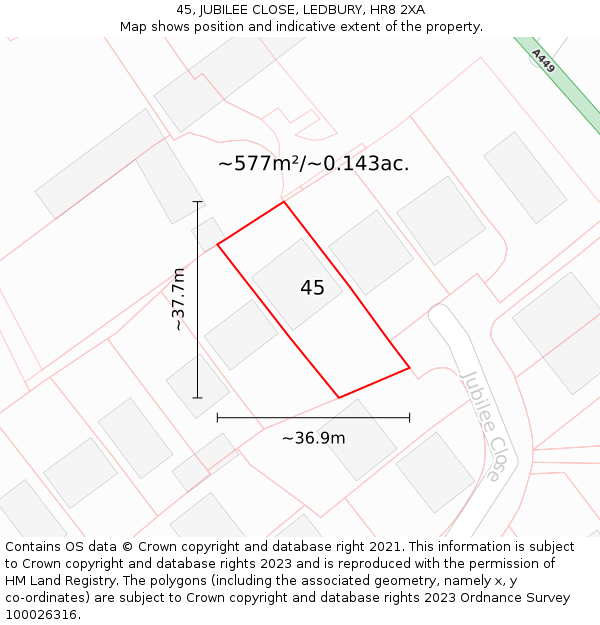 45, JUBILEE CLOSE, LEDBURY, HR8 2XA: Plot and title map