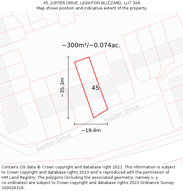 45, JUPITER DRIVE, LEIGHTON BUZZARD, LU7 3XA: Plot and title map