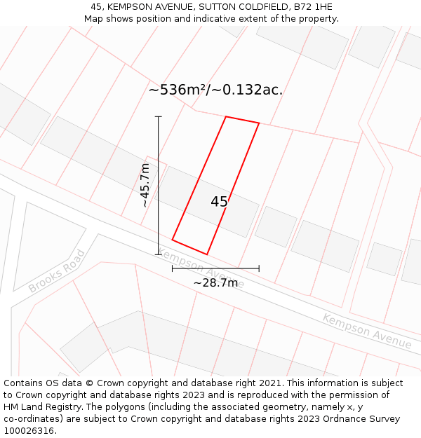 45, KEMPSON AVENUE, SUTTON COLDFIELD, B72 1HE: Plot and title map