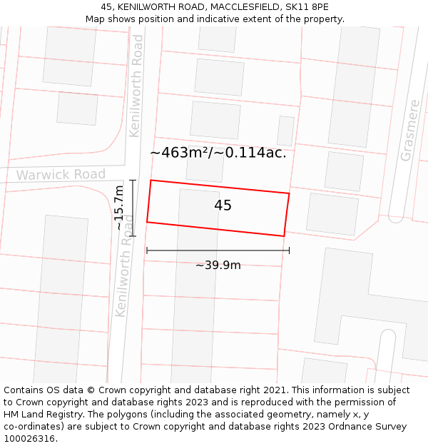 45, KENILWORTH ROAD, MACCLESFIELD, SK11 8PE: Plot and title map