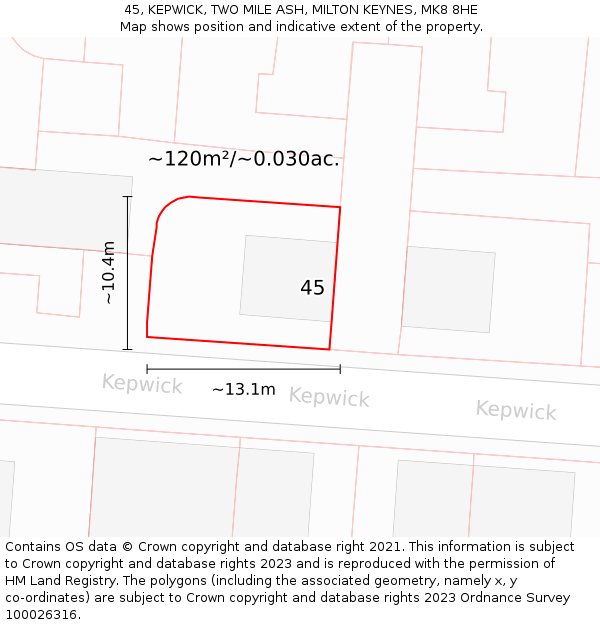45, KEPWICK, TWO MILE ASH, MILTON KEYNES, MK8 8HE: Plot and title map