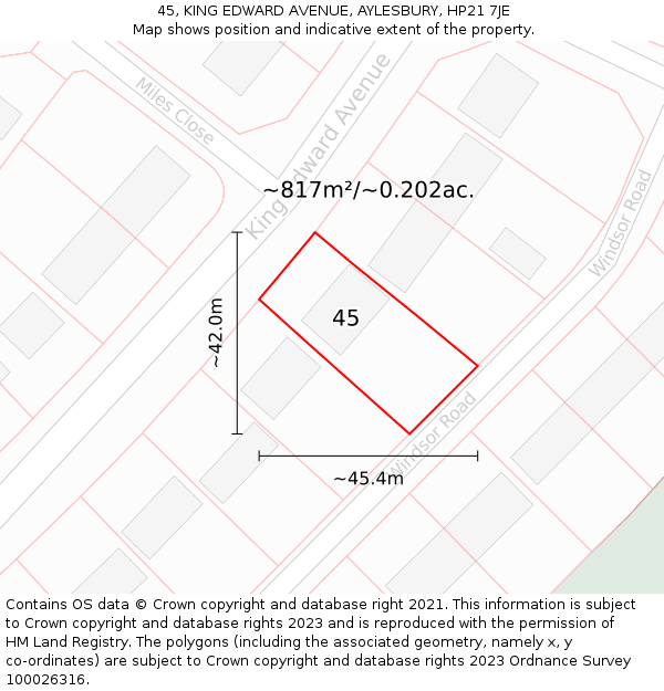 45, KING EDWARD AVENUE, AYLESBURY, HP21 7JE: Plot and title map